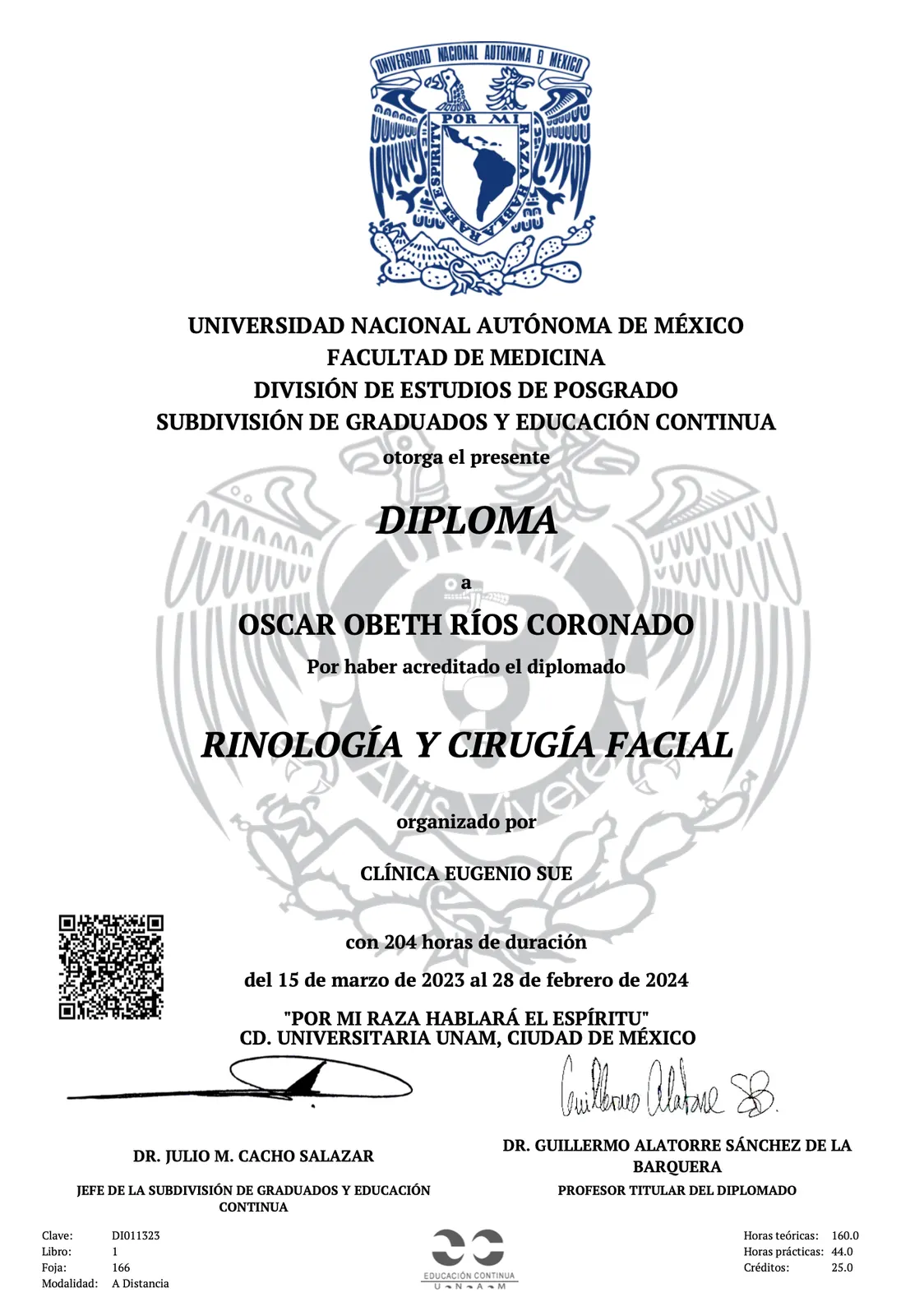 Diploma en Rinología y Cirugía Facial del Dr. Oscar Obeth Ríos Coronado